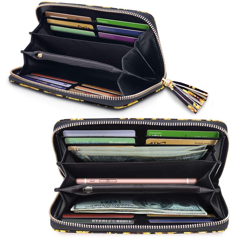 Coco Rossi Women Wallets Multi Card Case Wallet Clutch Wallet Card Holder Organizer Ladies Purse Floral Tassel Wrist strap Purse,Sunflower - Image 4